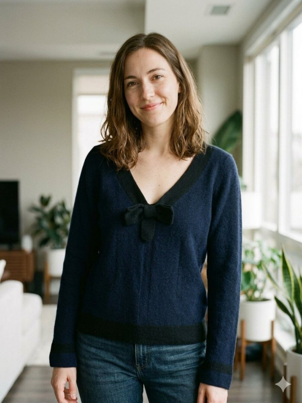 Dark Blue Cashmere V-Neck Sweater with Black Trim and Bow